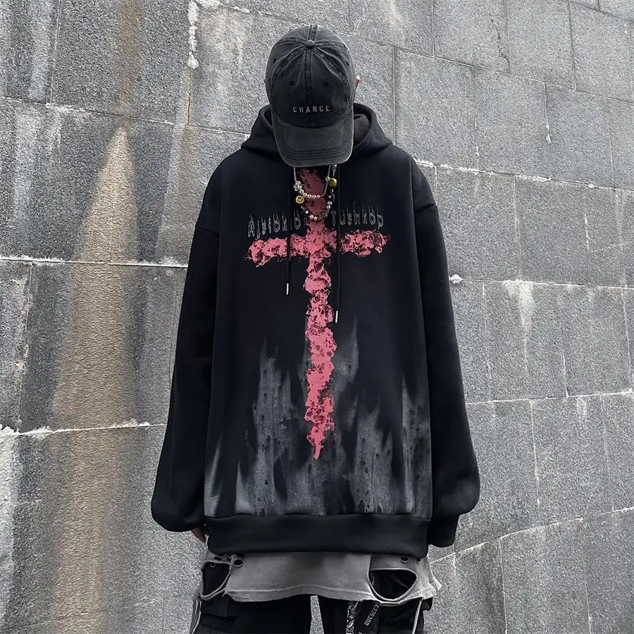 

Autumn and winter ins Harajuku wind dark black cross printing loose plus velvet large code men's and women's coat tide