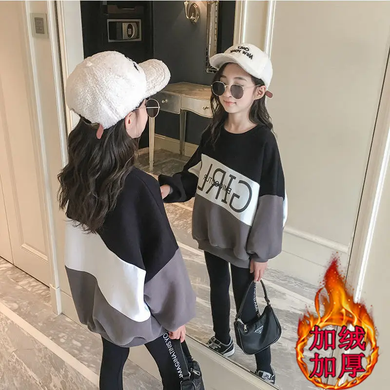 

winter kids teenager Girls clothes long sleeve splicing T shirt dress velvet thick hoodie sweater baby 5 6 7 8 9 10 11 12 year