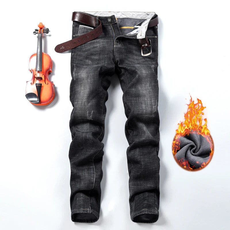 Men'S Pants Jeans Winter Warm Black Blue Slim Business Denim Trousers Biker High Quality Male Straight Casual Designer