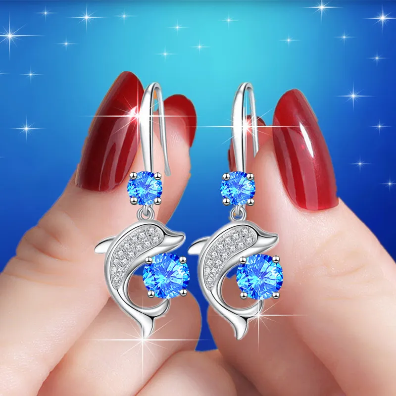 

New 925 Sterling Silver Earrings Pink Blue White Luxury Crystal Dolphin Earring For Women Silver Jewelry