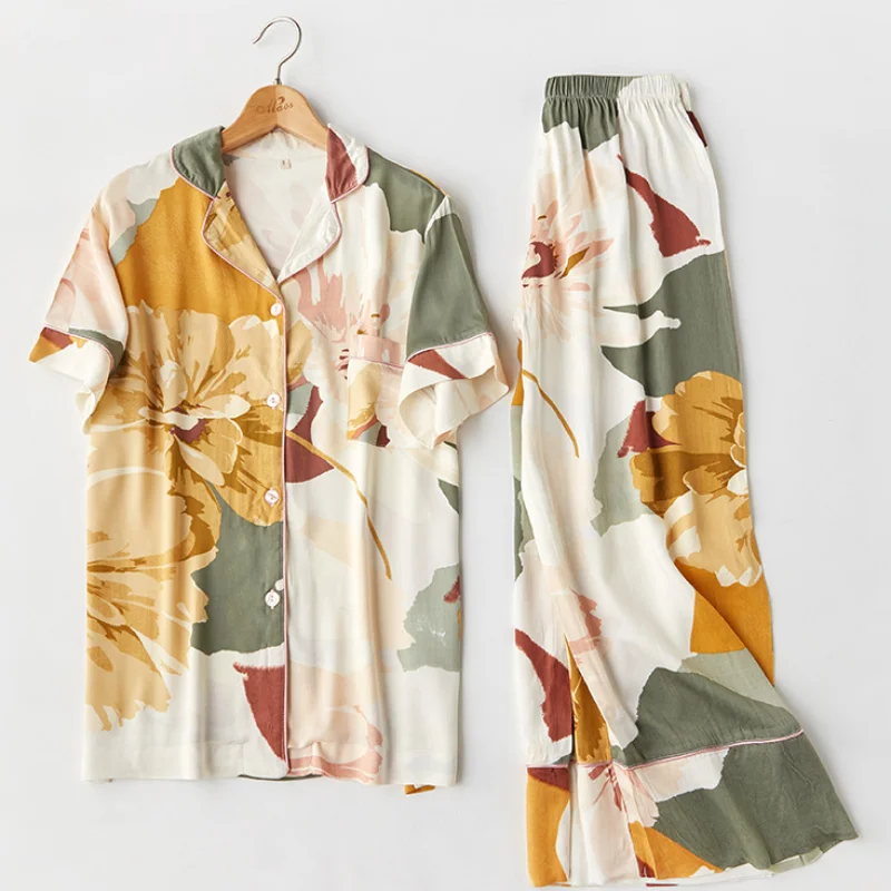 

Lady Satin Floral Printing Pajama Set Fashion Long Sleeve Pijamas Women V-Neck Loungewear Set 2 Piece Home Clothes Sleepwear