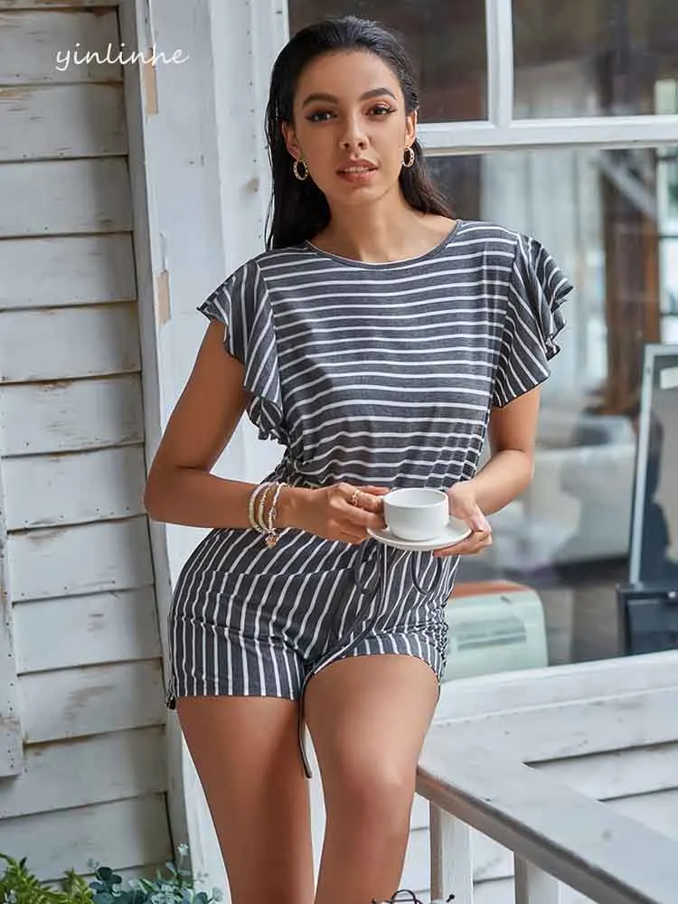 Йинлинхе Серый полосатый комбинезон для женщин, комбинезон на лето с коротким рукавом, на шнуровке, с прорезями, комбинезон-ромпер, узкий наряд 1808.