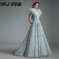 mint feathers prom gowns for dubai beading sleeveless chic evening dresses middle east arabic party dress 2020 robe de soiree