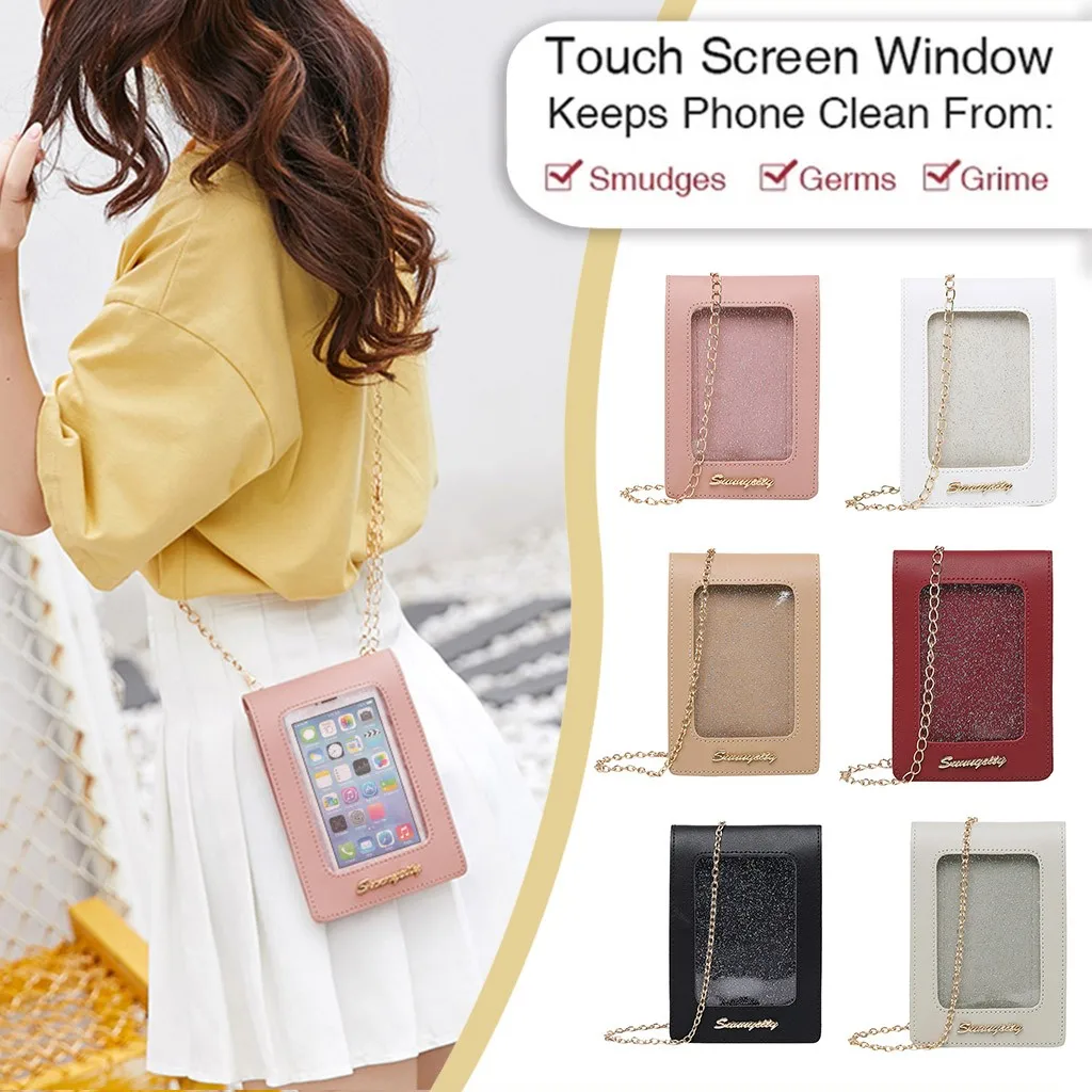 

Women Female PU Leather Wallets Mobile Phone Shoulder Bag Transparent Touch Screen Crossbody Phone Bags Credit Bank Card Case