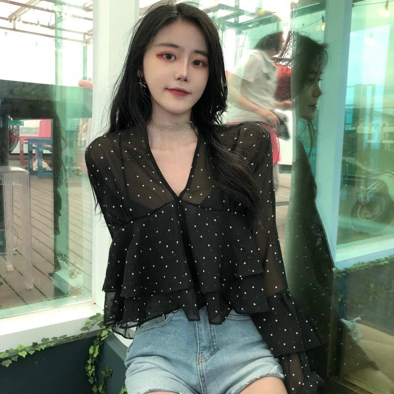 Sexy See-through Chiffon Crop Top Flare Long Sleeve Deep V-Neck Ruffle Polka Dot Print Tunic Pullover Female and Summer |