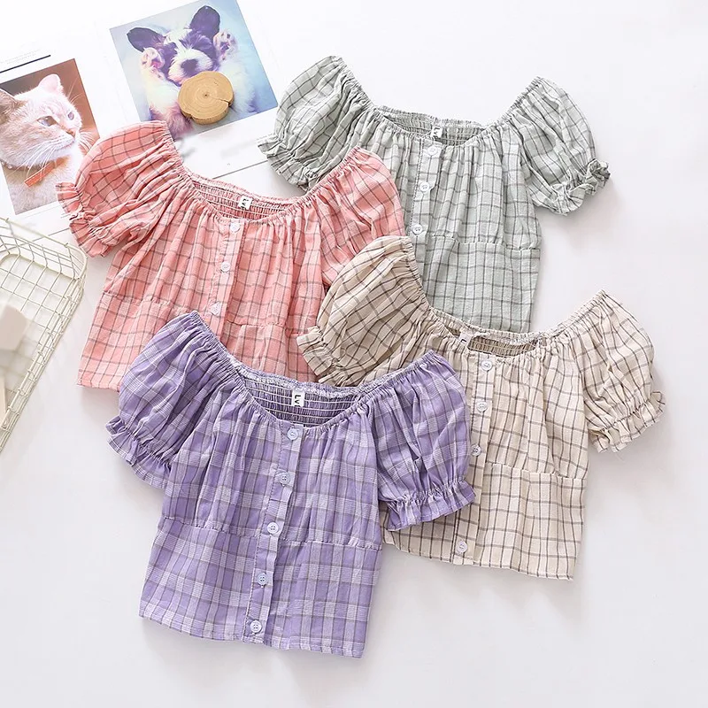 

Sweet Plaid Print T-shirts Preppy Style Casual Korean Fashion Chic Short Puff Sleeve Square Collar Button Tops Clothes for Women