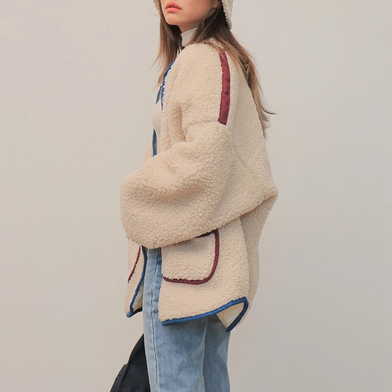 RICININA женское плюшевое пальто зимняя куртка негабаритный карман пэчворк шерсть