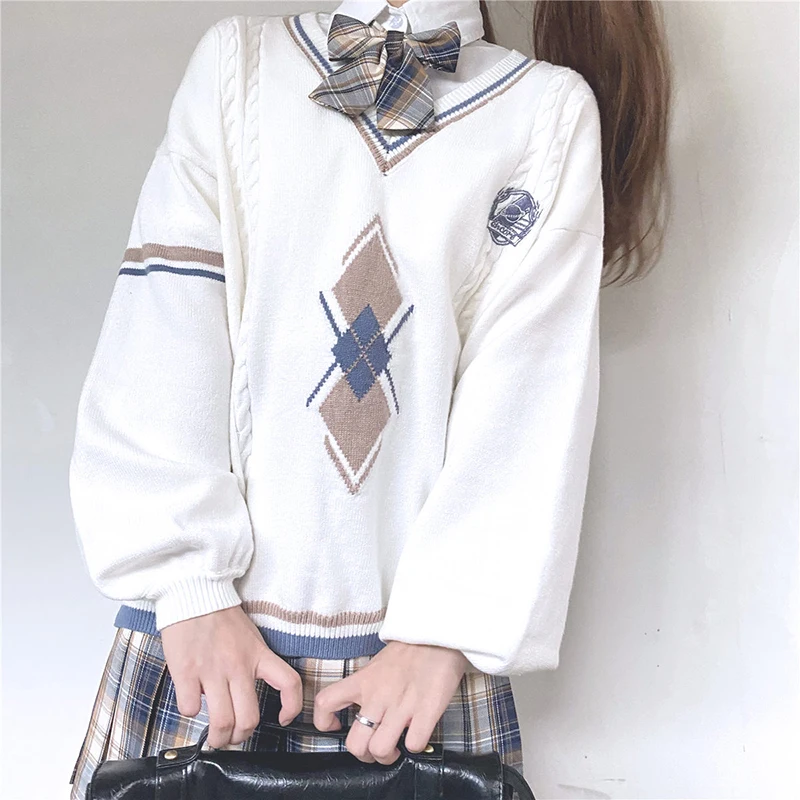 College Style Sweater Japanese Mori Girl Autumn Winter V Neck Oversized Knitted Outerwear JK Cute Kawaii Warm Sweet Pullover | Женская