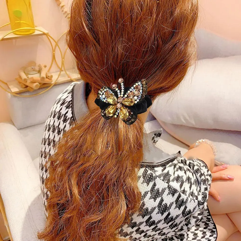 

Fashion Rhinestone Butterfly Flowers Elastic Hair Bands Ponytail Accessories For Women Hair Girls Scrunchie Hair Holder Rop H7O8