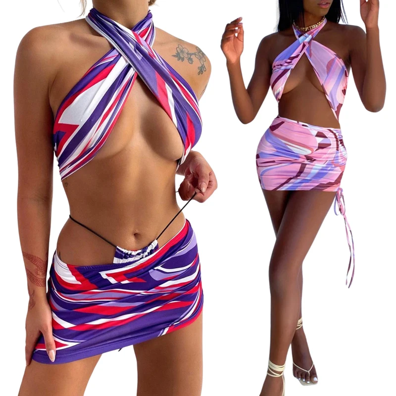 

3 Pieces Swimwear Set Female Floral Print Halter Neck Bikini Tops+ Panties+ Mini Skirt Summer Beachwear