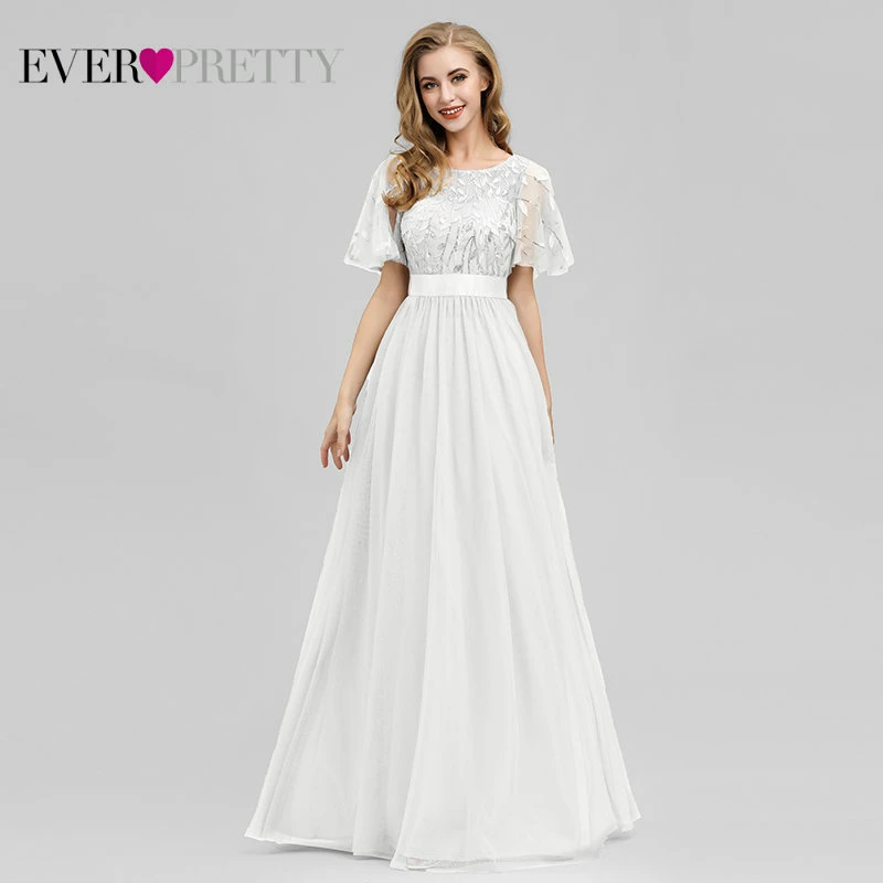 White Robe De Soiree блестящие вечерние платья Длинные Ever Pretty EP00904GY A-Line o-образным вырезом с коротким рукавом Вечерние платья женские элегантные платья - Цвет: White