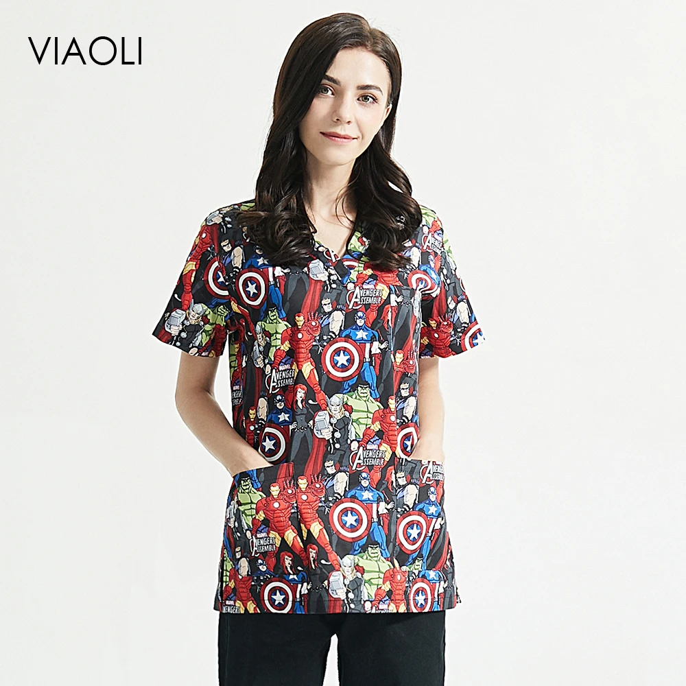 

V-neck lab coat Short-sleeved scrubs suits Unisex pet store work sets tops/pants wholesale S-XXL Printing Cotton scrubs uniforms