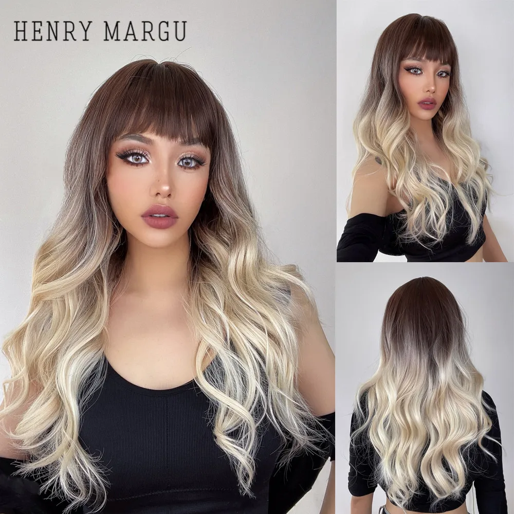 

HENRY MARGU Long Wavy Synthetic Wigs with Bang Ombre Brown Light Platinum Blonde Female Hair Heat Resistant Fiber Daily Cosplay