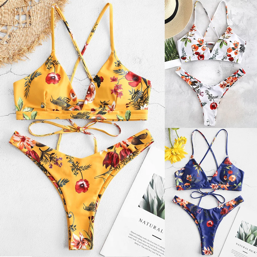 2020 женский сексуальный комплект бикини на шнуровке цветочный бандажный