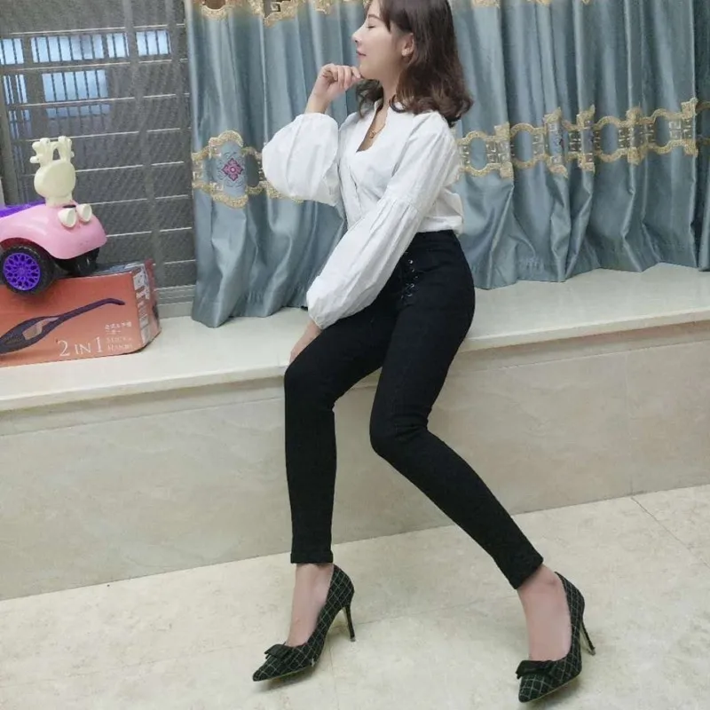 Модные Женские Эластичные Обтягивающие джинсы на шнуровке повседневные уличные