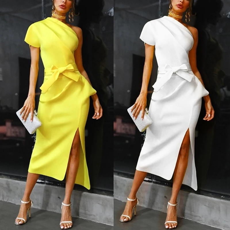 Сексуальное весенне летнее платье с высокой талией тонкое на одно плечо вырезом