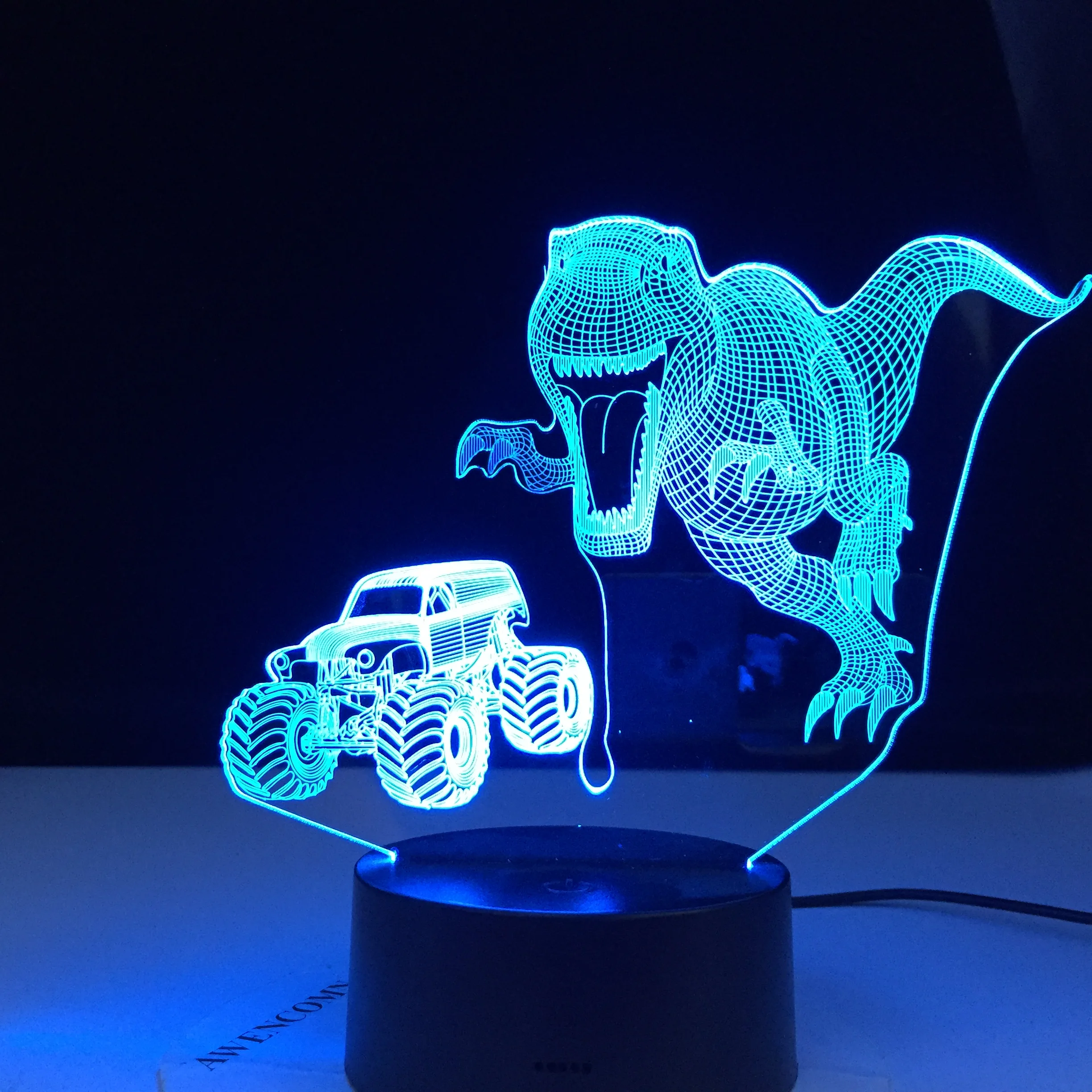 Светодиодный ночсветильник с динозаврами погоняющий за трактором 3D лампа 16