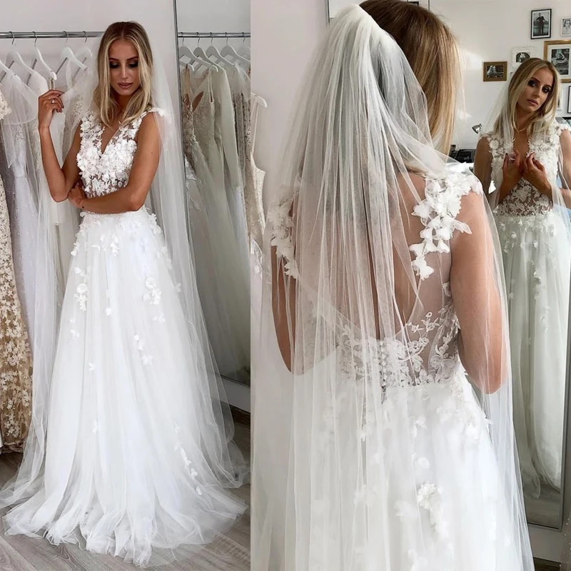 

Wedding Dress V-neck Lace Appliques Bride Dresses Backless 3d Flowers Bridal Gowns Sleeveless Robe De Soire Vestido De Noiva