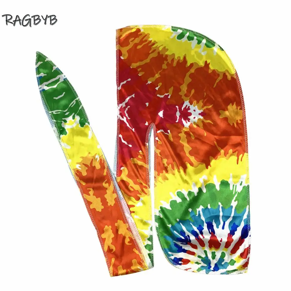 RAGBYB Premuim Tie окрашенный Шелковый Durag длинный хвост мужской принт шелковистые Durags
