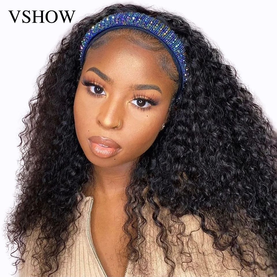 VSHOW Hair 28 Inches Kinky Curly Headband Wigs  Remy Brazilian Headband Scarf Human Hair Wigs For Black Women No Glue No Sew Wig