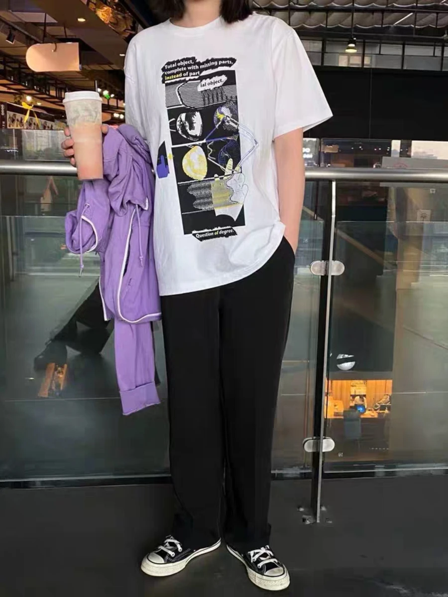 

2021 Men's and Women's Fashion Trendy Picture Superimposed Red Label Stamped 3M Reflective Geometric Abstract Cotton T-shirt