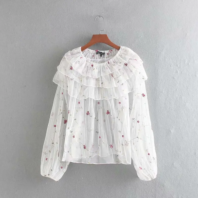 Женская мода 6 цветов Цветочная вышивка Повседневная сетчатая Рубашка Блузки