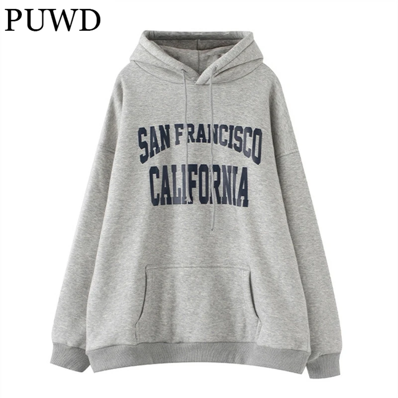 

Повседневные женские флисовые толстовки PUWD с буквенным принтом, свободные худи, осень 2022, модная женская уличная одежда, худи, Женский шикарный пуловер с капюшоном