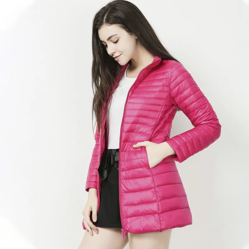 Fuchsia Stand collar S-7XL, Женская куртка, длинный пуховик с капюшоном, верхняя одежда размера плюс, ультралегкий пуховик, осенне-зимняя куртка, повседневное теплое пальто, YD-12 - Цвет: Fuchsia Stand collar