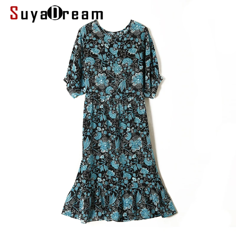 

Длинное платье SuyaDream, из 100% шелка, с цветочным принтом, с коротким рукавом, с оборками, синее, весна-лето 2021