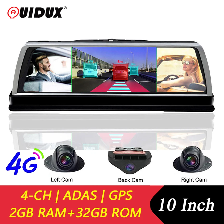 QUIDUX 1" 4G 4 камеры автомобильный регистраторы ADAS Android Видеорегистраторы для автомобилей Видео Регистраторы 1080 P зеркало заднего вида с gps навигации wi-fi Dashcam