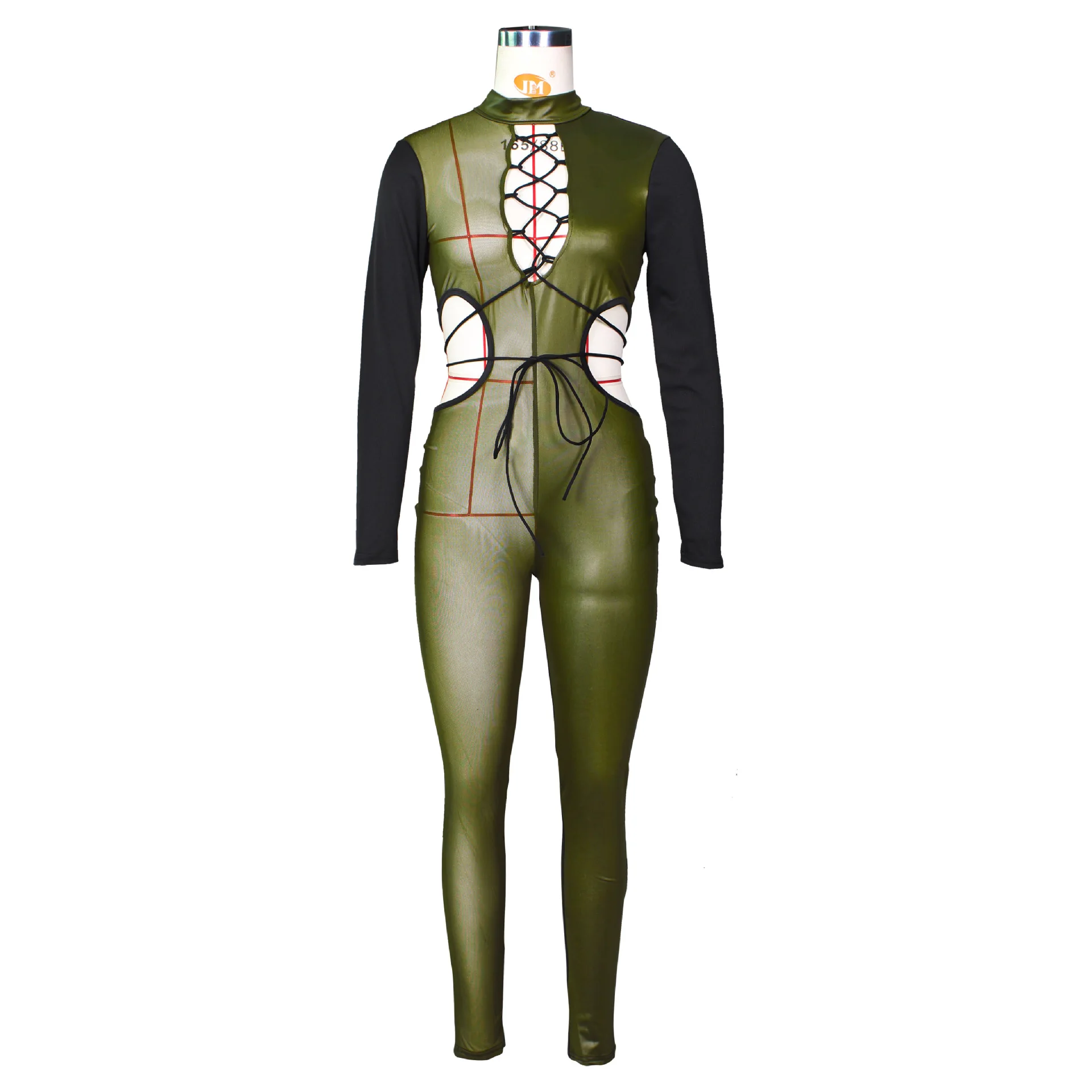 

Bonnie Forest Sheer Mesh Patchwork Faux Leather Sexy Jumpsuits Women Rompers Sexy Cut Out Laced Latex Catsuit Skinny Bodysuits