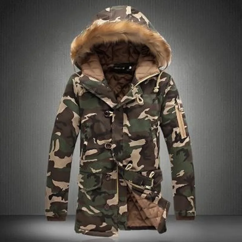 Autumn and Winter Couples Wear Camouflage Big Fur Collar Mid-length Padded Coat Men and Women Thick Padded Coat Winter Jacket