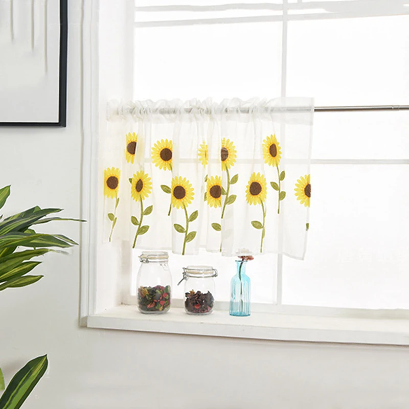 New Arrival 1 Piece Embroidered Sunflower Kitchen Curtain Short Window Curtain Cafe Valance Dining Room Decorative Curtain