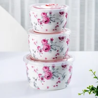3 pieces of ceramic fresh bowl set fresh food box lunch box lunch box with lid bowl can be used in microwave oven rice bowl weed