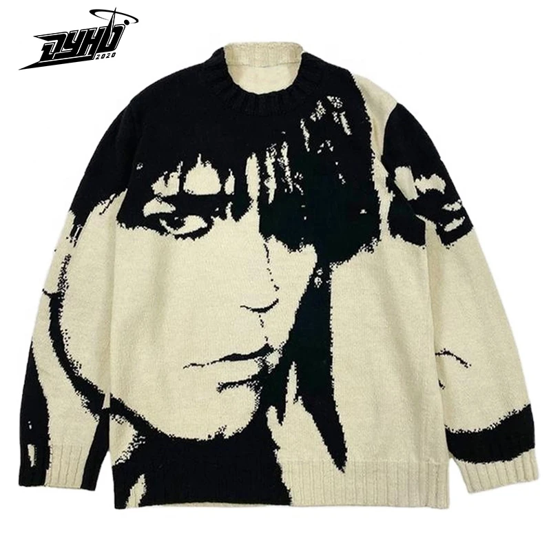 

FAKUNTNMens Streetwear Harajuku Sweater Vintage Japanese Style Anime Portrait Knitted Sweater Men Cotton Pullover Unisex