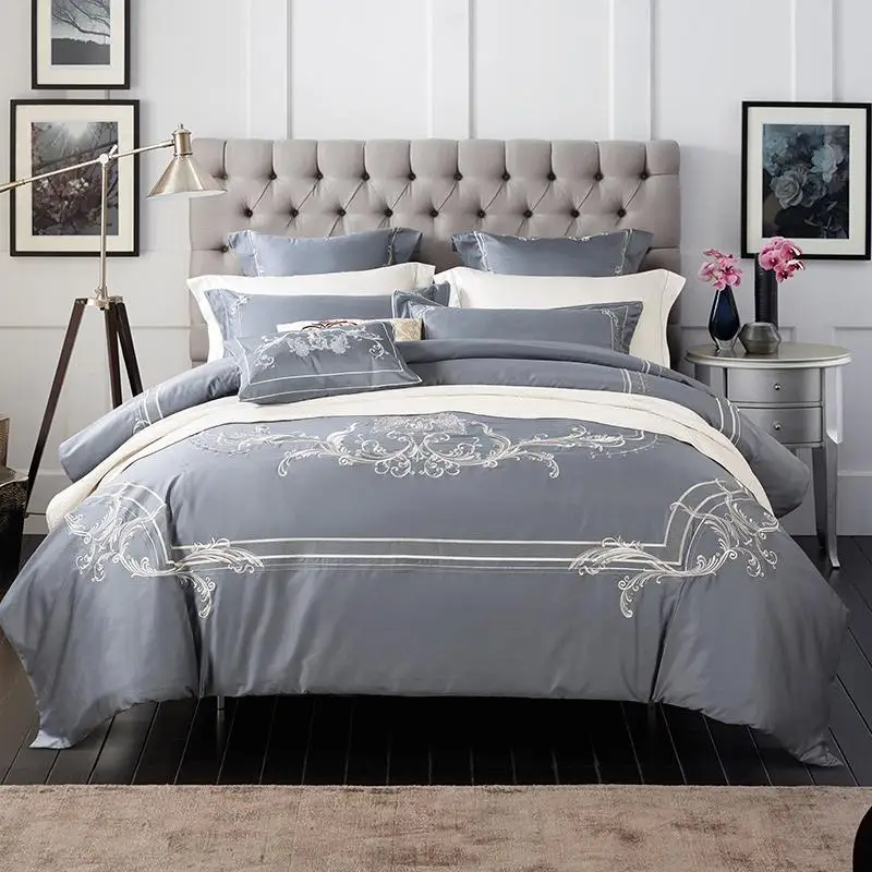 

Luxury embroidery Egyptian Cotton Bedding Set Duvet Cover Sheet Pillowcase King Queen Size red grey Bed Linen 4/6pcs