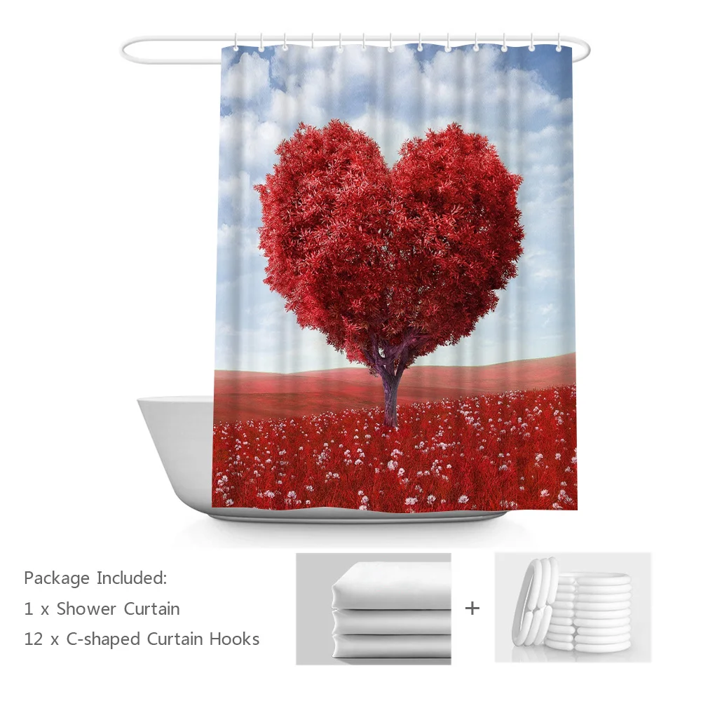 

Romantic Shower Curtain Love Heart Tree Bathroom Curtains Valentine's Day Red Flower Tree Bathtub Decoration Lovers Bath Curtain