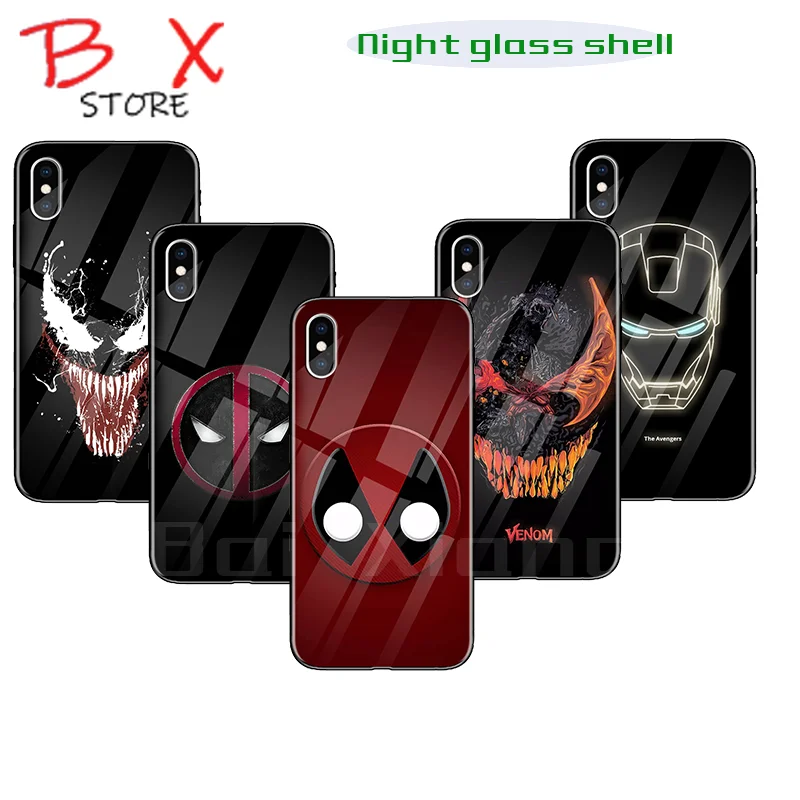 С героями комиксов Марвел световой Стекло чехол для iPhone X XS MAX XR 6 6s 7 8 плюс задняя