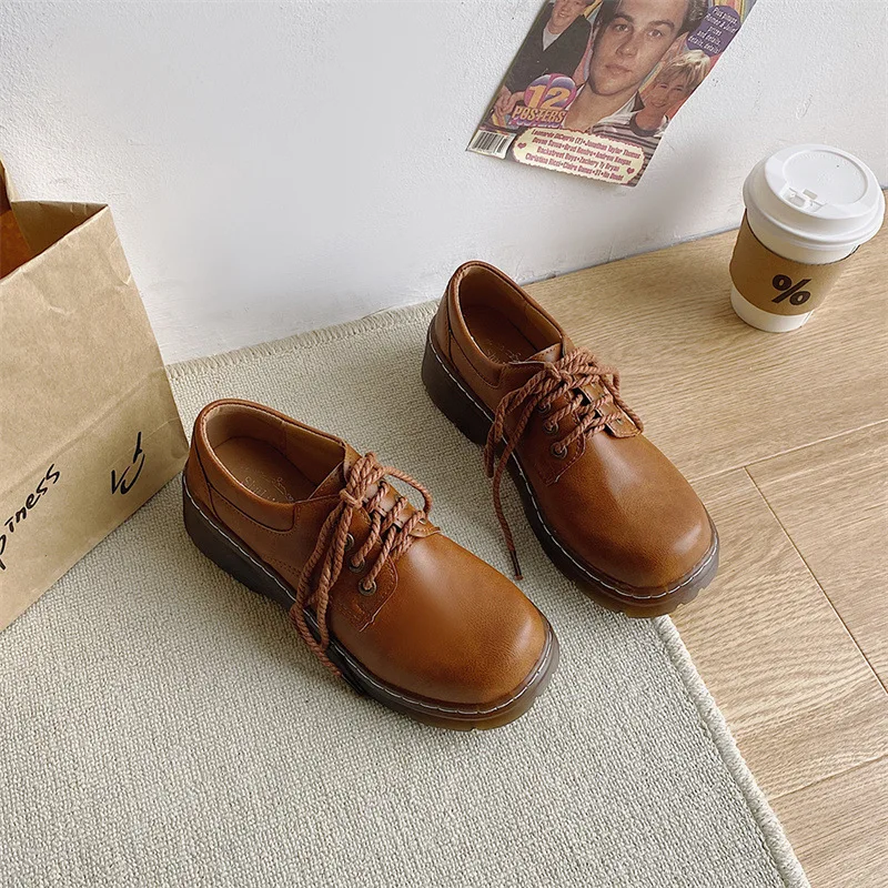 

Кожаные туфли в стиле ретро для женщин, на платформе, удобная обувь в британском стиле, на шнуровке, с круглым носком, на осень