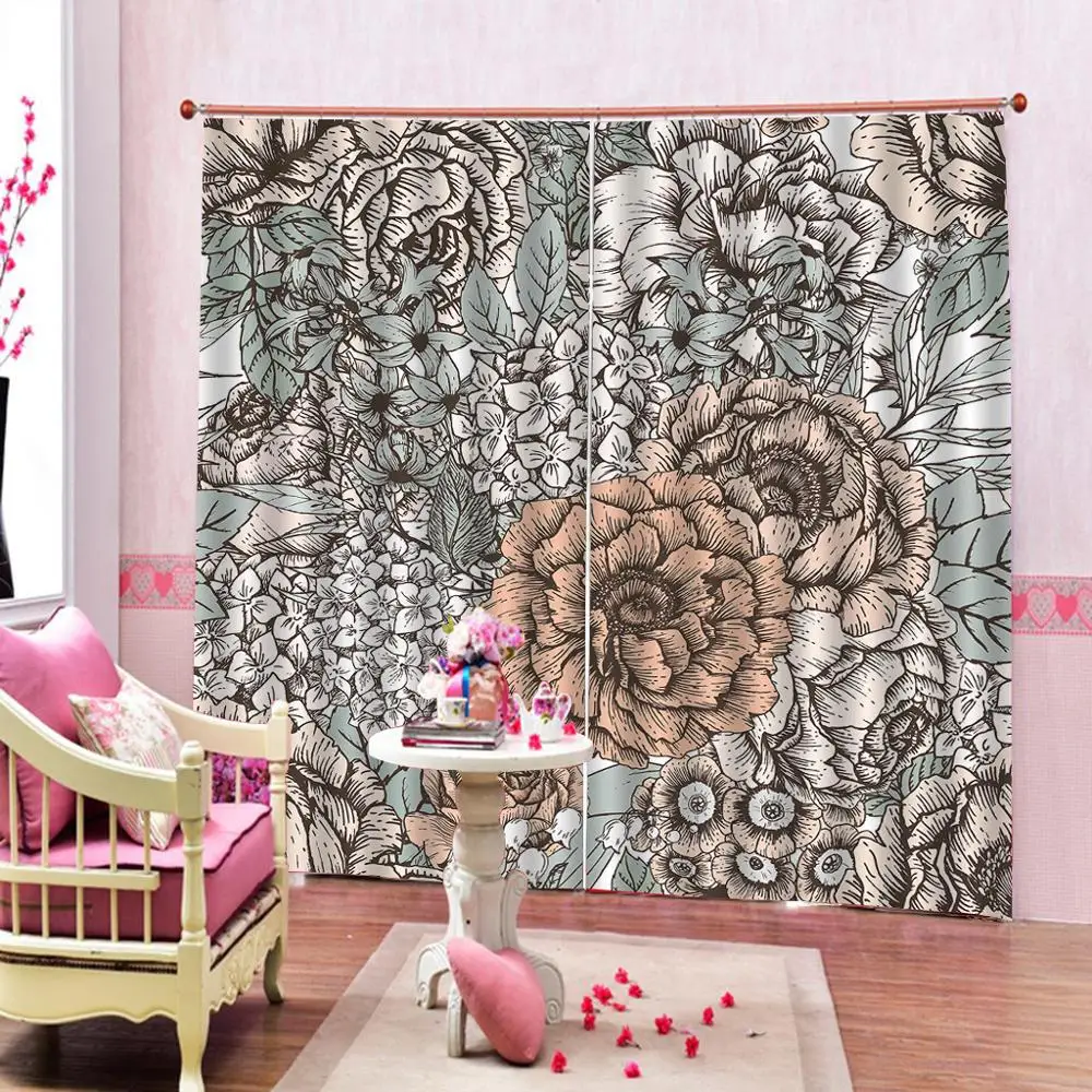 

grey flower curtains Customized size Luxury Blackout 3D Window Curtains For Living Room Decoration curtains