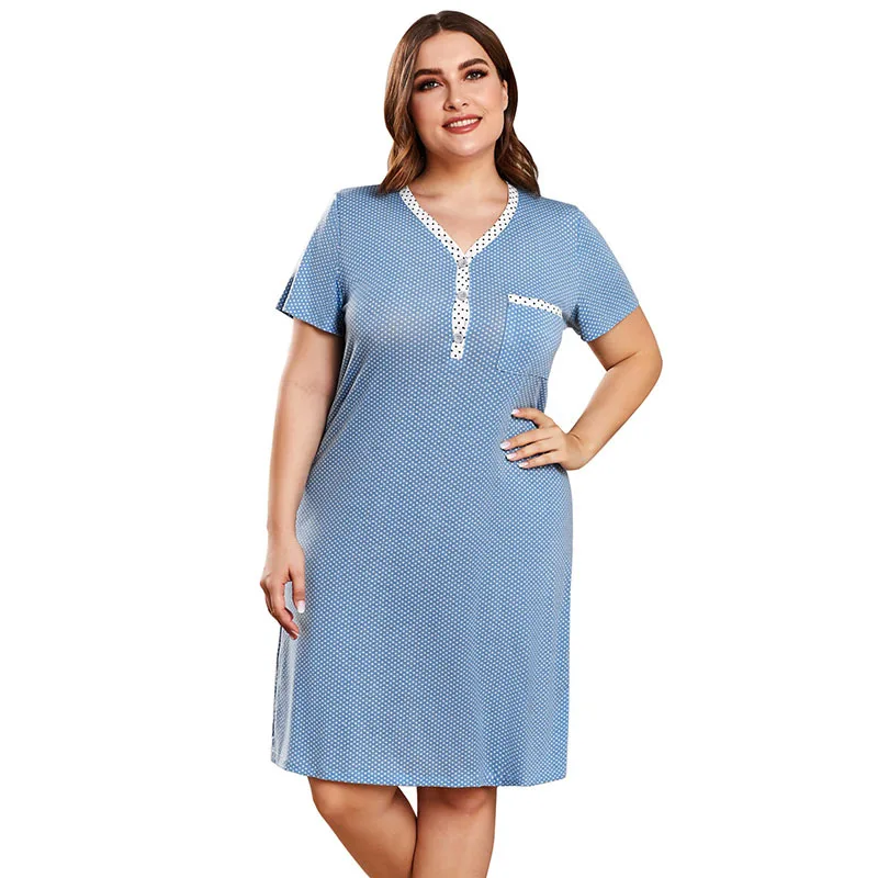 

Plus size women's casual V-neck polka-dot pocket oversized dress printed color home service spring summer short-sleeved pajamas