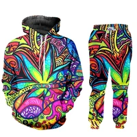 cjlm mens sports 2 piece set color 3d casual psychedelic leaf print hip hop oversized zipper hoodie pullover jogger pants 5xl