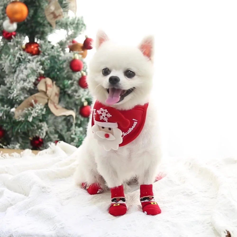 

Зимние нескользящие носки для домашних животных, 4 шт., теплые вязаные носки для маленьких кошек и собак, толстые Защитные носки для лап чиху...