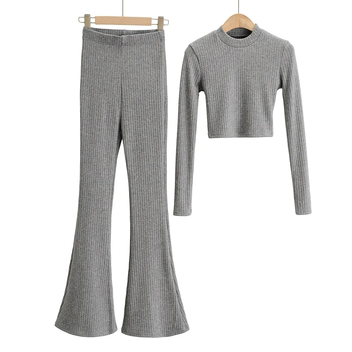 

TVVOVVVIN Knitted Casual Two-piece Set 2021 Spring New Women's Pullover Short Tops + High Waist Simple Flared Pants ZZNW
