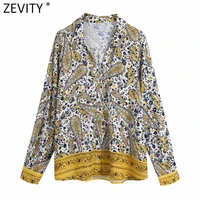 zevity women vintage cashew nuts patchwork print kimono blouse female long sleeve casual shirt chic chemise blusas tops ls9660