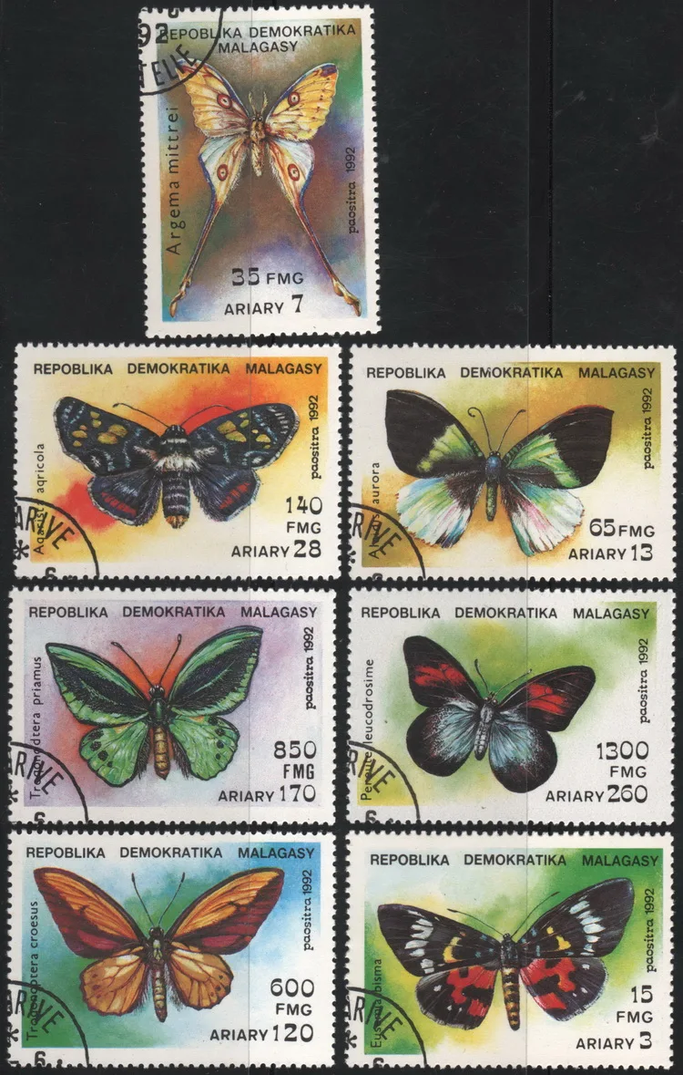 

7 шт./компл. Мадагаскарские почтовые штампы 1992 бабочки использованные почтовые штампы для коллекционирования