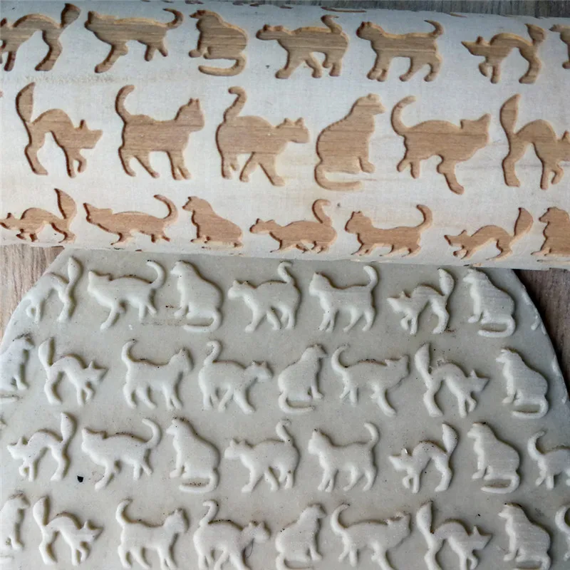 Christmas Party Cookies Baking Noodle Biscuit Cake Dough Rolling Tool Musical Note Cat Pattern Wooden Embossing Pin | Дом и сад