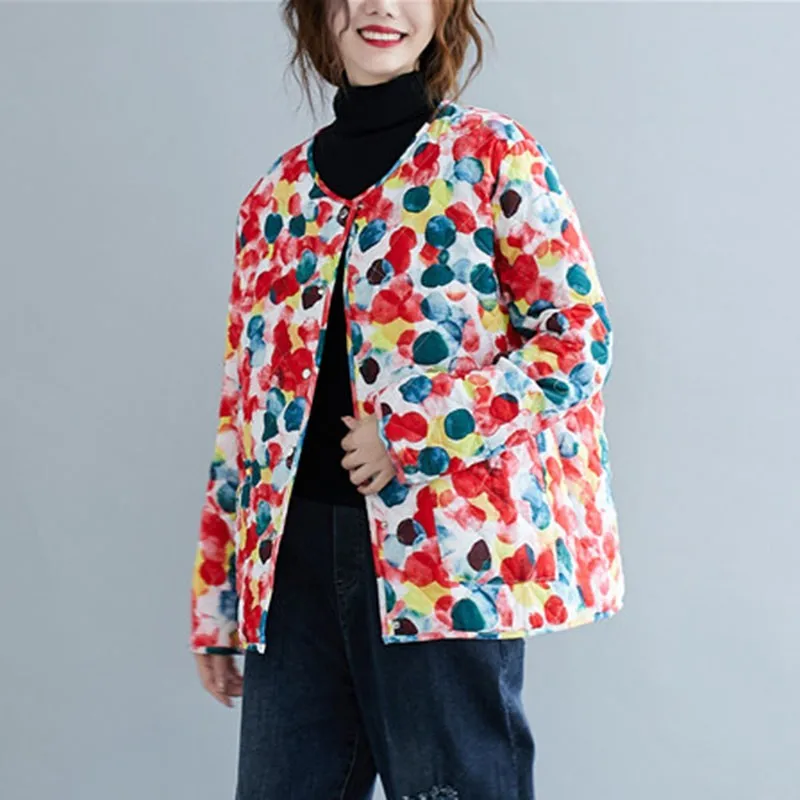 

Women Casual Quilted Jackets New Arrival 2020 Autumn Winter Vintage Print O-neck Thick Loose Female Outerwear Coats S2693