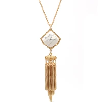 2019 new gold tone four sided polygon quadrilateral faceted candy resin stone big statement tassel necklace pendants for women