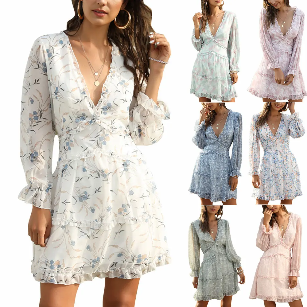 

Women Hollow Out V Neck Long Sleeve Chiffon Vestidos A-Line Dress Print Holiday Casual Loose Patchwork Backless Dresses